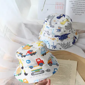 Set of two cotton kids bucket hats featuring cute dinosaur and construction vehicle patterns