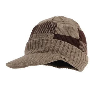 Men's winter knit beanie hat with brim and warm fleece lining in checkered brown style