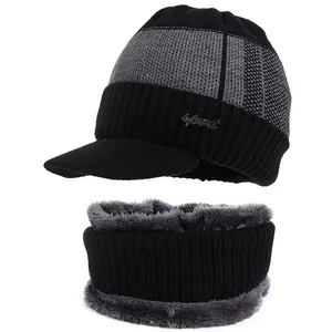 Men's winter knit beanie and scarf set with thick fleece lining and Sport badge detail