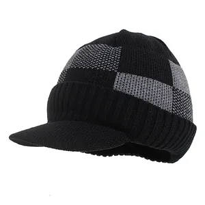 Men's winter knit beanie hat with short brim and gray plaid pattern for warmth