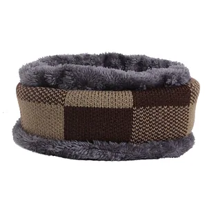 Men's winter knit beanie and neck warmer set with fleece lining and checkered pattern