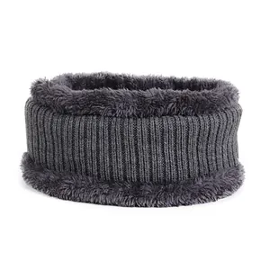 Mens winter knit neck warmer with thick faux fur lining in dark grey, warm infinity scarf
