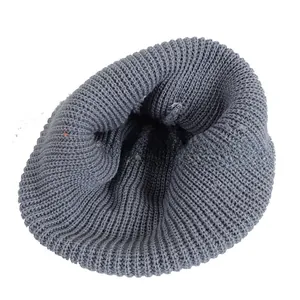 Detailed view of grey knit beanie featuring ribbed texture and warm winter material
