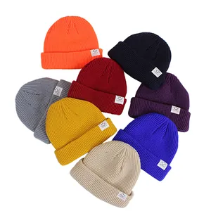 Knitted kids beanie set in 8 candy colors with smiley face patch for autumn and winter