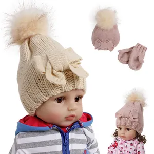 Baby Winter Knit Hat And Mittens Warm Fleece Lined Beanie With Large Pom Pom And Bow For Infants Toddlers Girls Boys
