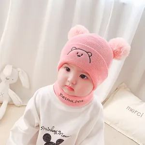 Baby Winter Knit Hat And Neck Warmer Cute Bear Embroidery Double Pom Pom Beanie For Toddler Boys Girls Warm Cap Accessory