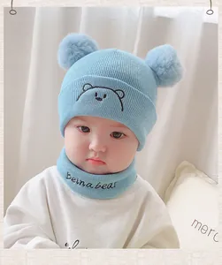 Cute baby winter knit hat and scarf set with bear embroidery and double faux fur pom-poms