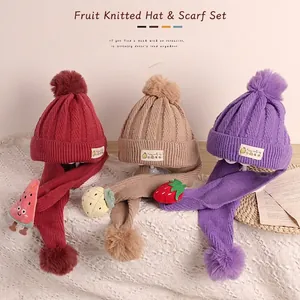 Bonnet Et Écharpe Tricotés Pour Enfants Chaud Hiver Acrylique Décor De Fruits Boule Peluche Bonnet Pour Tout-Petits Garçons Filles