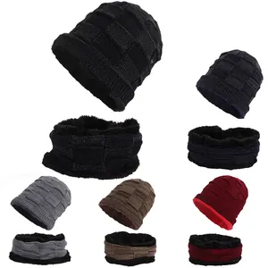 Ensemble Bonnet et Écharpe en Tricot d'Hiver Chaud pour Hommes Acrylique Doublé Polaire Épaissi Damier Tour de Cou Extérieur