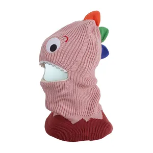 Rosa Dinosaurier Strick-Sturmhaube mit bunten 3D-Flossen für Kinder und Kleinkinder