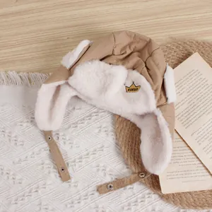 Khaki baby aviator hat with warm faux fur lining and crown embroidery for winter protection