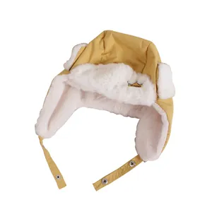 Ginger yellow winter aviator hat for kids with plush fleece lining and crown emblem
