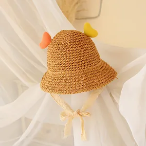 Children's Straw Sun Hat Heart Ears Decoration Lace Ties Kids Woven Beach Hat Girls Summer Sunshade Wide Brim Round Top Cap