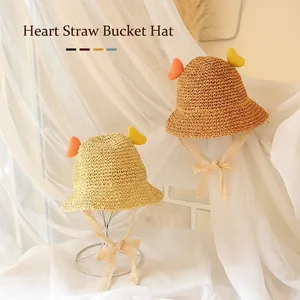Kids heart straw sun hat with cute lace ribbons and heart-shaped ear decorations
