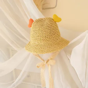 Straw sun hat for children with colorful heart ears and lace bow ribbon strap