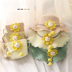 Détails d'ensembles chapeaux de paille et sacs pour enfants avec tournesols en divers coloris
