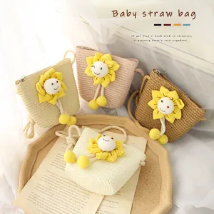 Kinder Handgemachte Stroh Umhängetasche Sonnenblume Smiley Mini Münzbeutel Geflochtene Schultertasche Für Mädchen Prinzessin Sommertasche