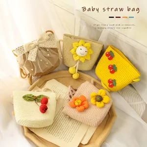 Kids Cute Straw Woven Crossbody Bag Girls Sweet Pastoral Style Shoulder Bag With Lace Bow Sunflower Cherry Decorations