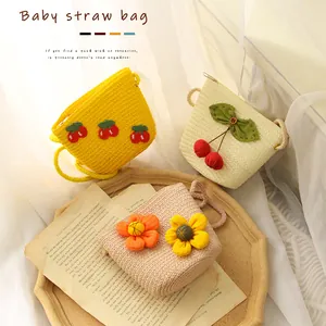 Cute summer straw shoulder bag for girls with cherry decoration and floral accents