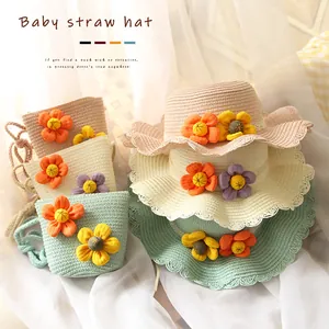 Ensemble chapeau de paille et sac pour enfants avec dentelle florale pour la plage