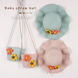 Ensemble chapeau de paille d'été pour filles et sac bandoulière assorti avec fleurs