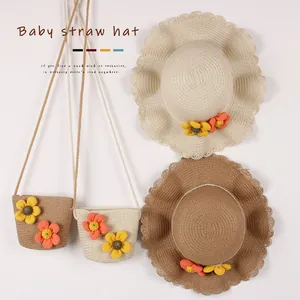 Ensemble chapeau de paille pour fille et sac assorti avec fleurs tissées