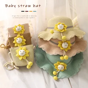 Ensemble Chapeau de Paille et Sac Filles Tournesol Protection Solaire Été Chapeau Tissé Avec Décoration Visage Souriant