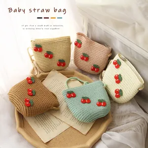 Kids Cute Cherry Embroidery Paper Straw Crossbody Bag Woven Mini Shoulder Purse For Toddler Girls Summer Beach Travel Handbag