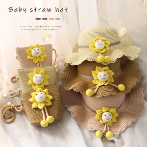Chapeau de soleil en paille et petit sac bandoulière tournesol pour fillettes en 3 tons