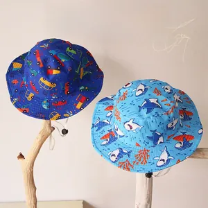 Détails de chapeaux bobs en coton pour enfants avec motifs requins et voitures et cordon
