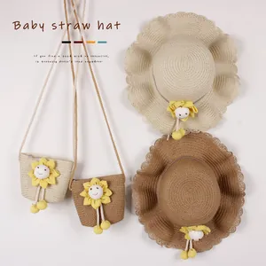 Ensemble chapeau de soleil et sac en paille pour filles avec motif tournesol mignon