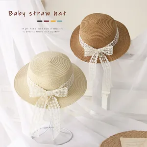 Chapeau de paille à large bord pour enfants avec nœud en dentelle élégant pour filles