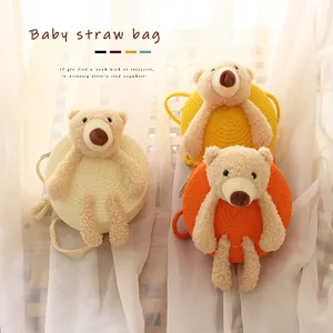 Sac rond mignon en paille tressée pour enfants avec ours en peluche 3D et bandoulière