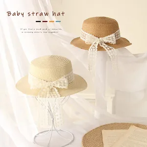 Chapeau de soleil en paille pour filles avec ruban en dentelle blanche et joli nœud