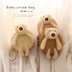 Sacs à bandoulière ronds en paille pour enfants avec trois motifs d'ours en peluche