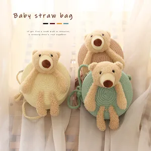 Joli sac rond en paille tressée pour enfants avec ours en peluche en trois couleurs