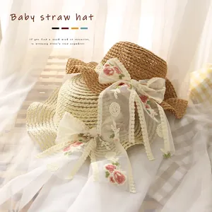 Chapeau de Paille d'Été pour Enfants Large Bord Protection Solaire Nœud en Dentelle Broderie Florale Chapeau de Plage pour Bébé Fille