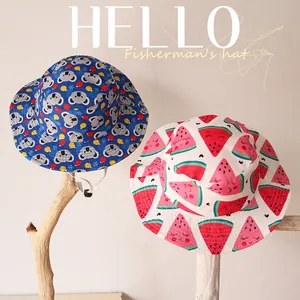 Chapeau de Pêcheur Enfants Mélange de Coton Dessin Animé Protection Solaire Avec Corde Réglable Pour Garçons Filles Été
