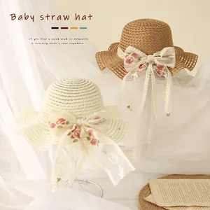 Chapeau de soleil en paille pour fille avec nœud en dentelle florale en beige et marron