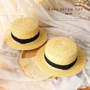 Kids summer straw sun hat with black ribbon, classic beach panama style for sun protection