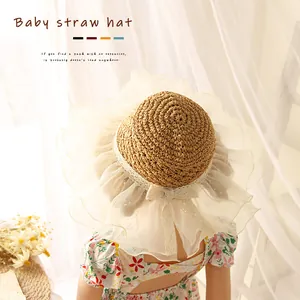 Korean Style Baby Kids Straw Hat With Wide Lace Organza Ruffle And Bow Cute Sunscreen Summer Sun Hat For Boys Girls