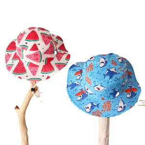 Chapeaux de soleil en coton pour enfants avec motifs pastèque et requin et cordon réglable