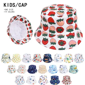 Kids cotton bucket hat with strawberry print and nineteen varied cartoon graphics in one size