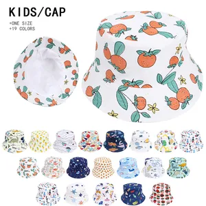 Kids cotton bucket hat with colorful graffiti prints and adjustable windproof rope