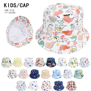 Kids cotton bucket hat with dinosaur prints and 19 colorful cartoon patterns for sun protection