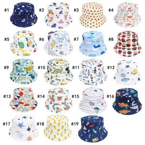 Kids cotton sun hats featuring graffiti planet and cartoon prints in 19 styles