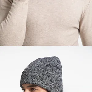 Detailed view of oatmeal knit sweater texture and grey mélange knit beanie fabric