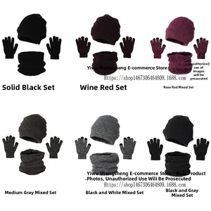 Winter thermal knit set featuring hats, scarves, and touchscreen gloves in six colors