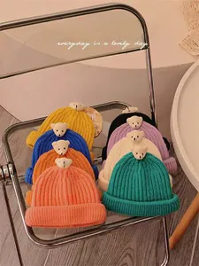 Kinder Strickmütze Mit Süßem Plüschbären Aufnäher Warme Winter Rippstrick Kappe Für Jungen Mädchen Kleinkinder Draußen Alltag