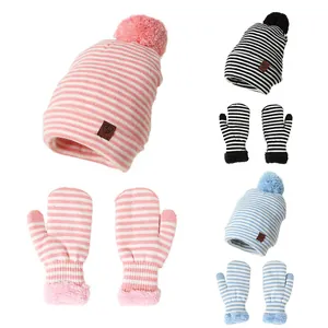Kinder Gestrickte Gestreifte Wintermütze Und Handschuhe Set Warmes Thermoset Mit Bommel Für Jungen Mädchen Outdoor